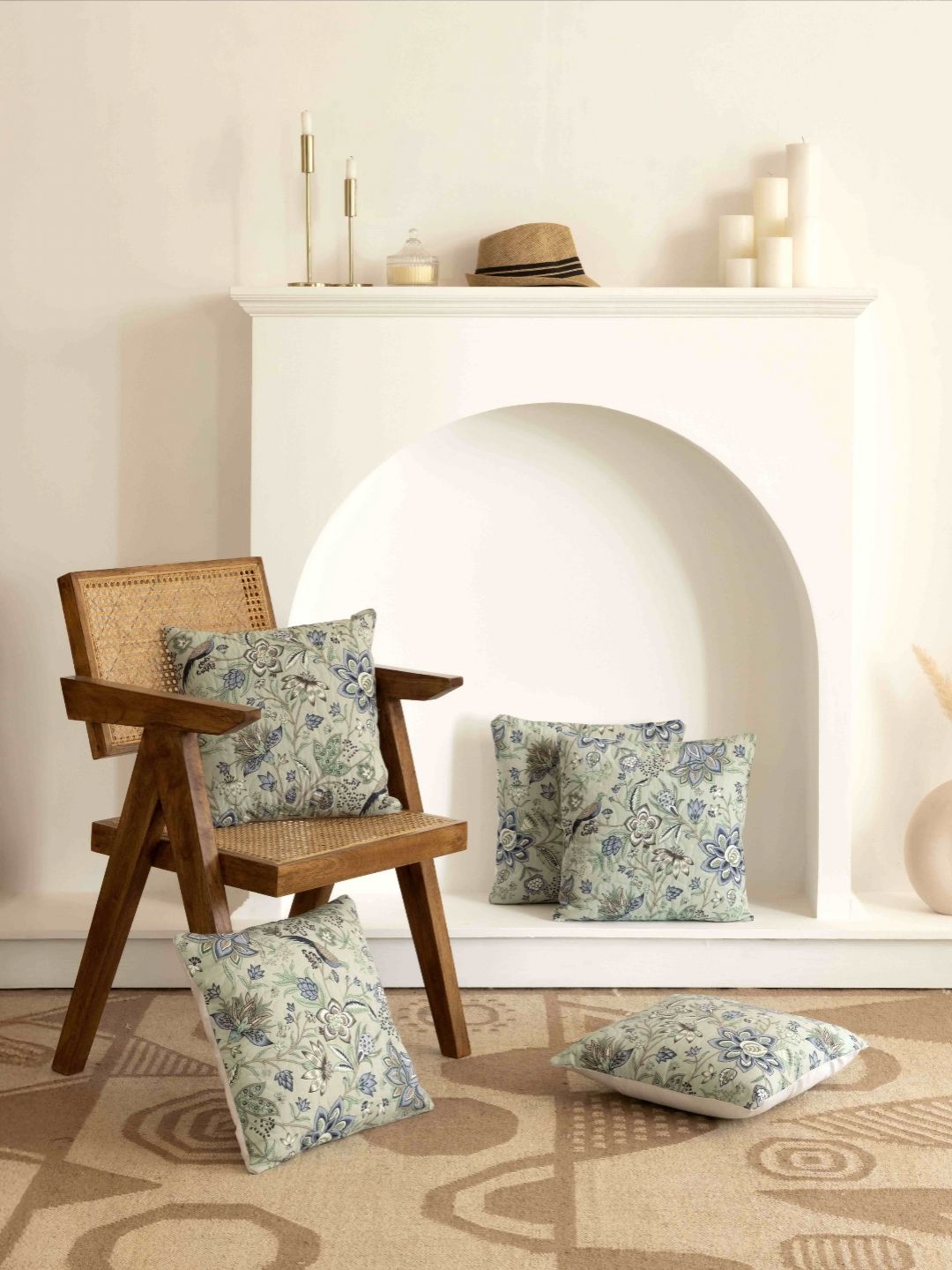 Clasiko Green & Brown 5 Pieces Floral Printed Square Cotton Cushion Covers-image-31