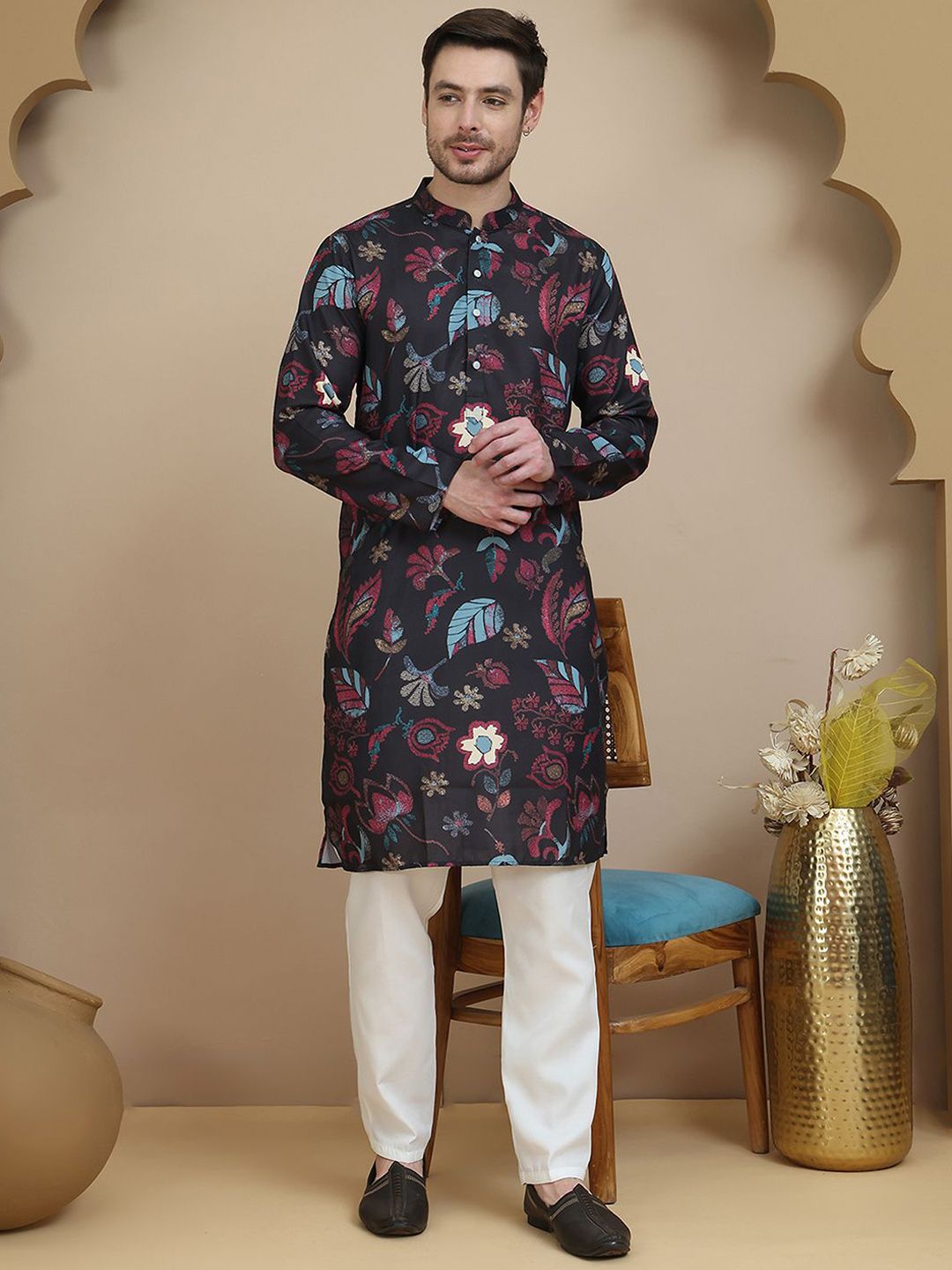 Anouk Rustic Floral Printed Mandarin Collar Straight Kurta With Pyjamas-picture-22