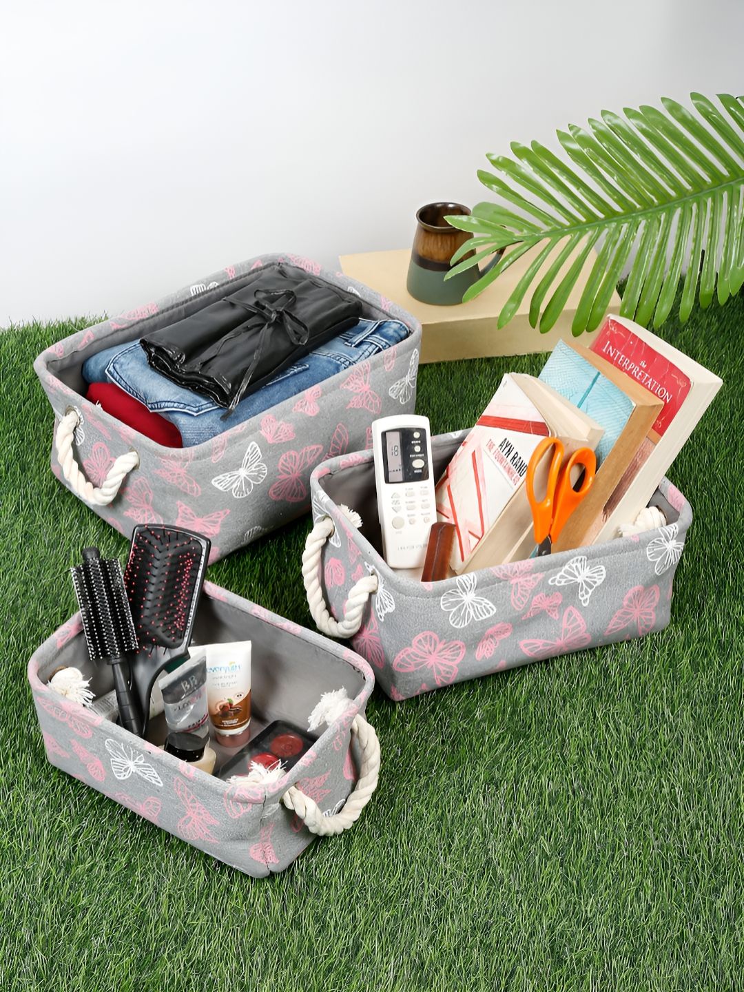 Myntra Elegant Homes Grey & White 3 Pieces Printed Reusable Multi-Utility Organisers-picture-14