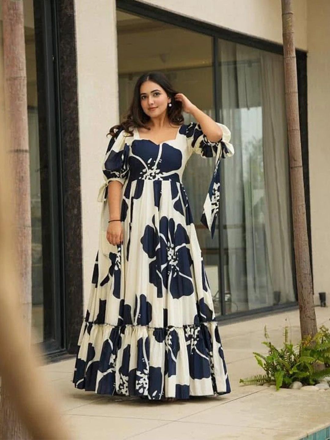 CORSICA Women Floral Print Puff Sleeve Gathered or Pleated Fit & Flare Maxi Dress