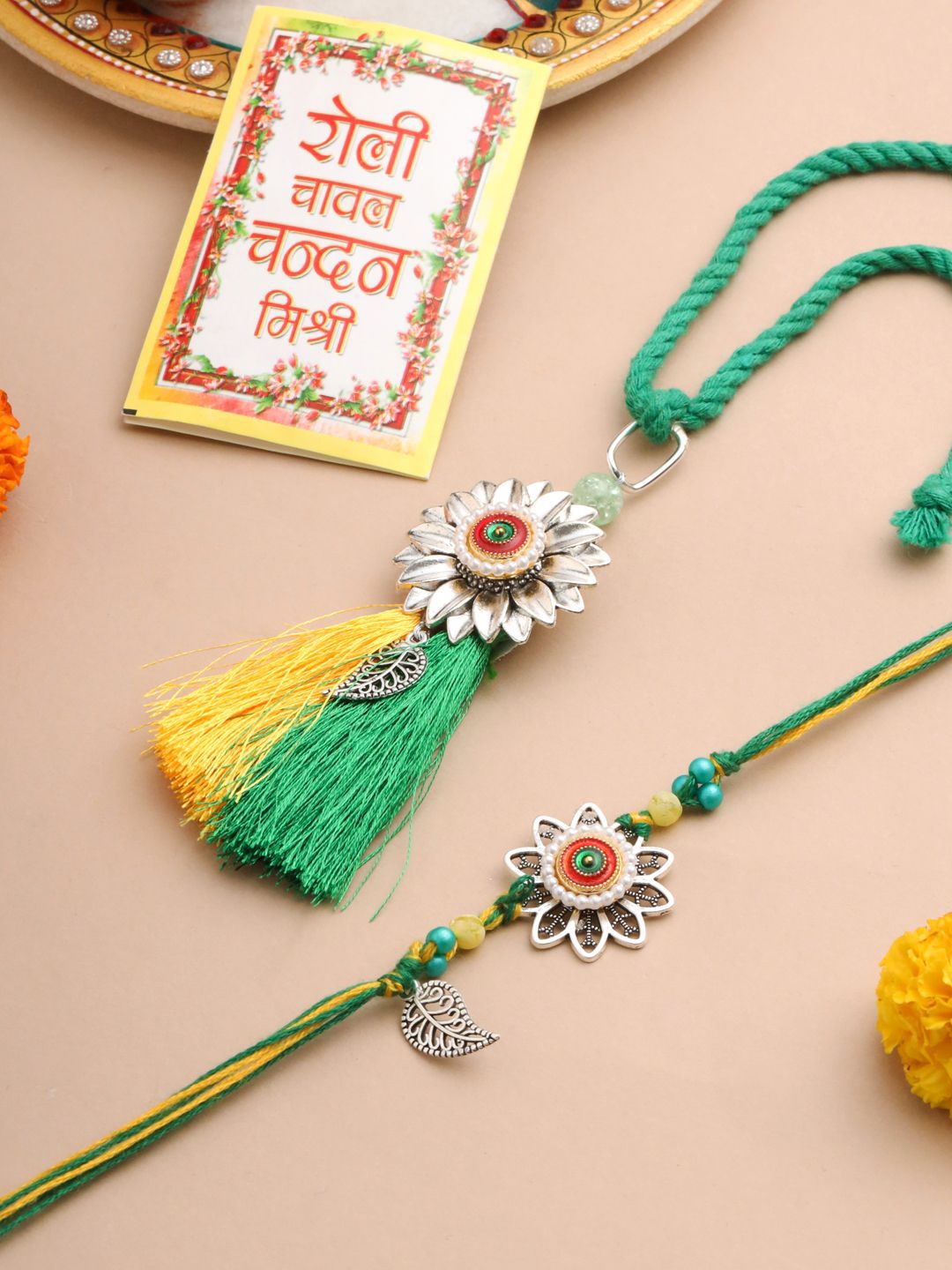 NVR Bhaiya Bhabhi Pearls Studded Thread Rakhi with Roli Chawal Chandan & Mishri-picture-43