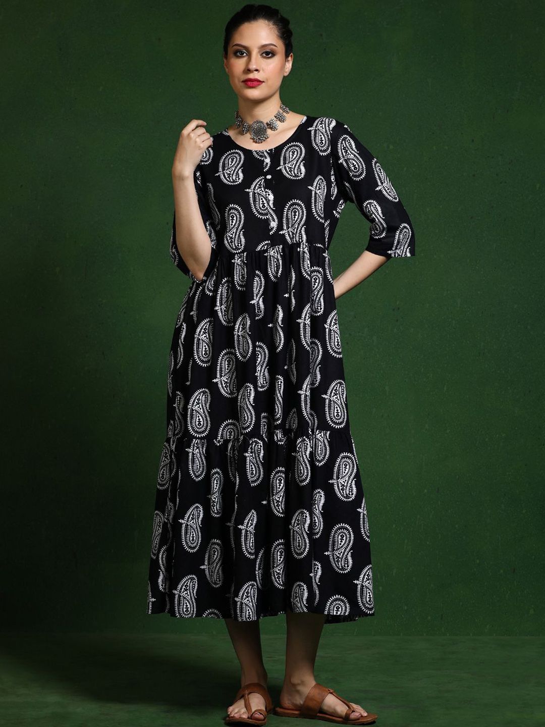 Jaipur Kurti Paisley Printed Pure Cotton A-Line Midi Dress-picture-32