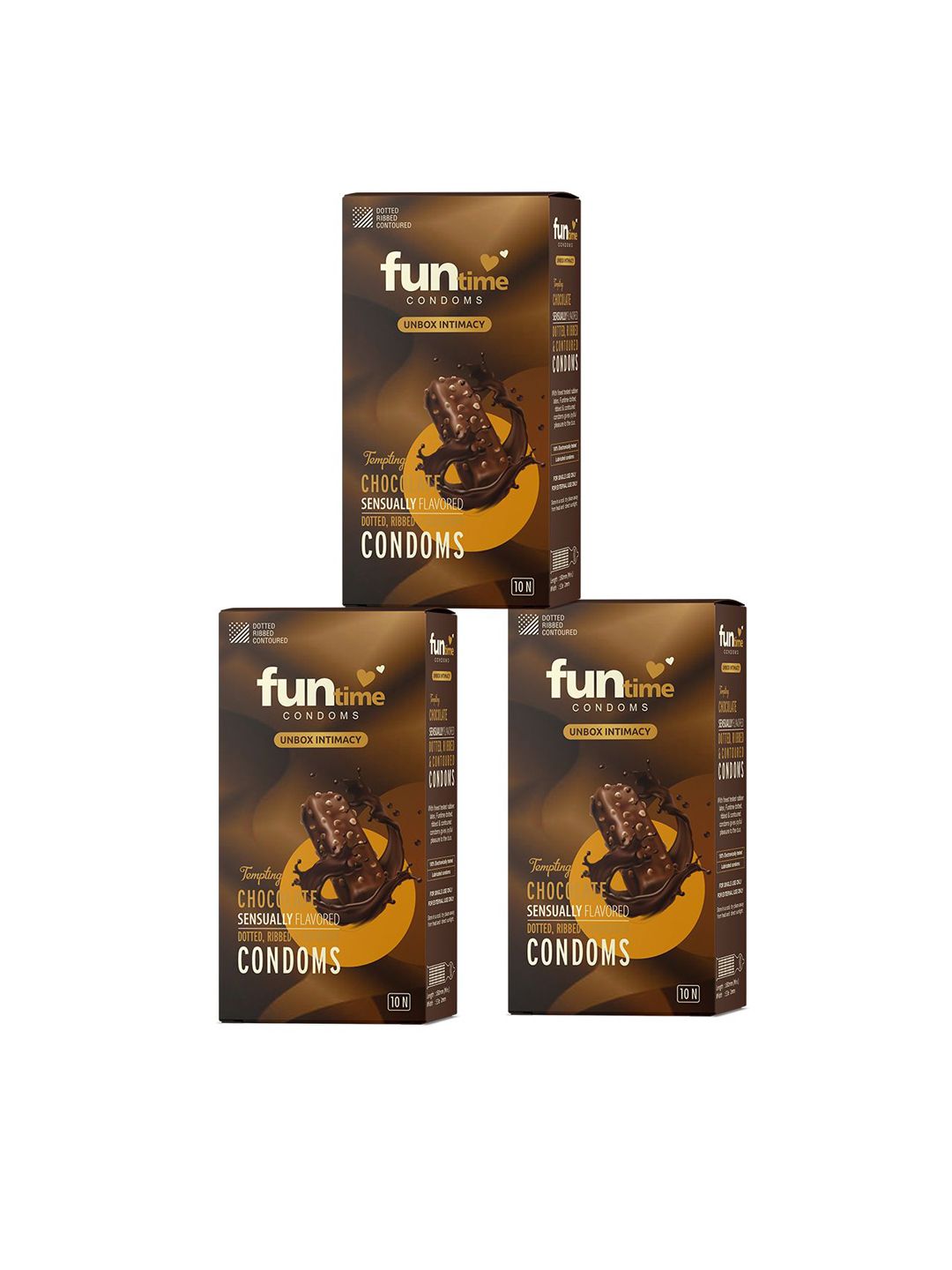 Funtime Set Of 3 Chocolate Flavor Long Lasting Dotted And Ribbed Condoms - 10 Pcs Each