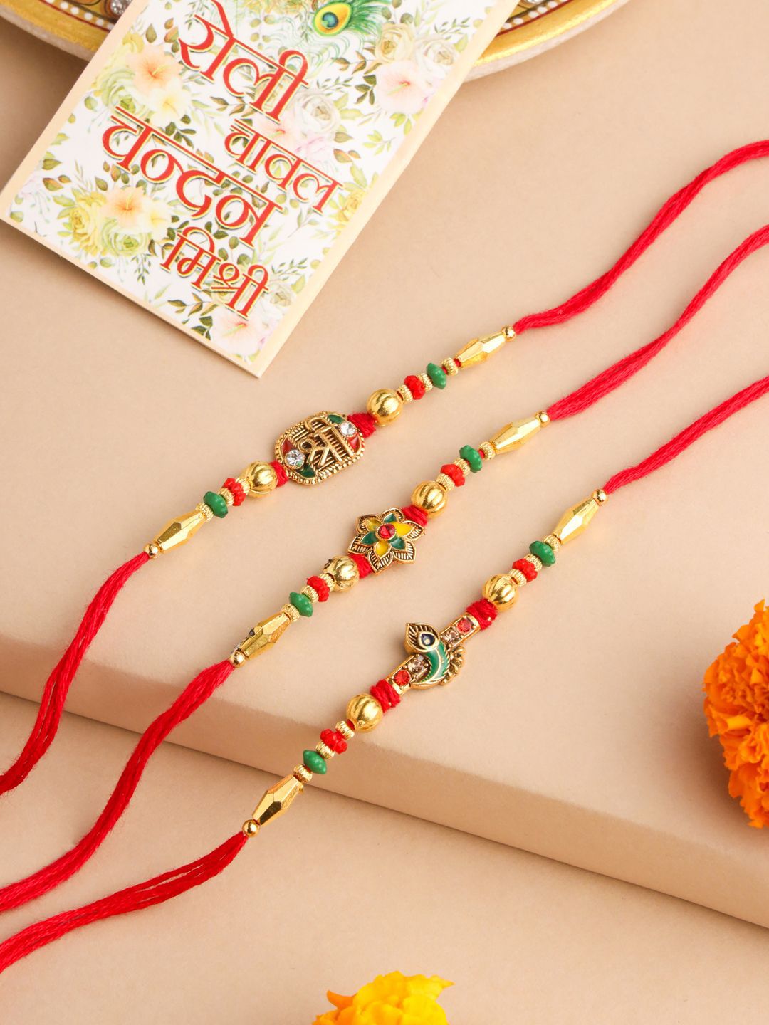 NVR Men Set Of 3 Floral Artificial Stones Thread Rakhi with Roli Chawal Chandan & Mishri-picture-16