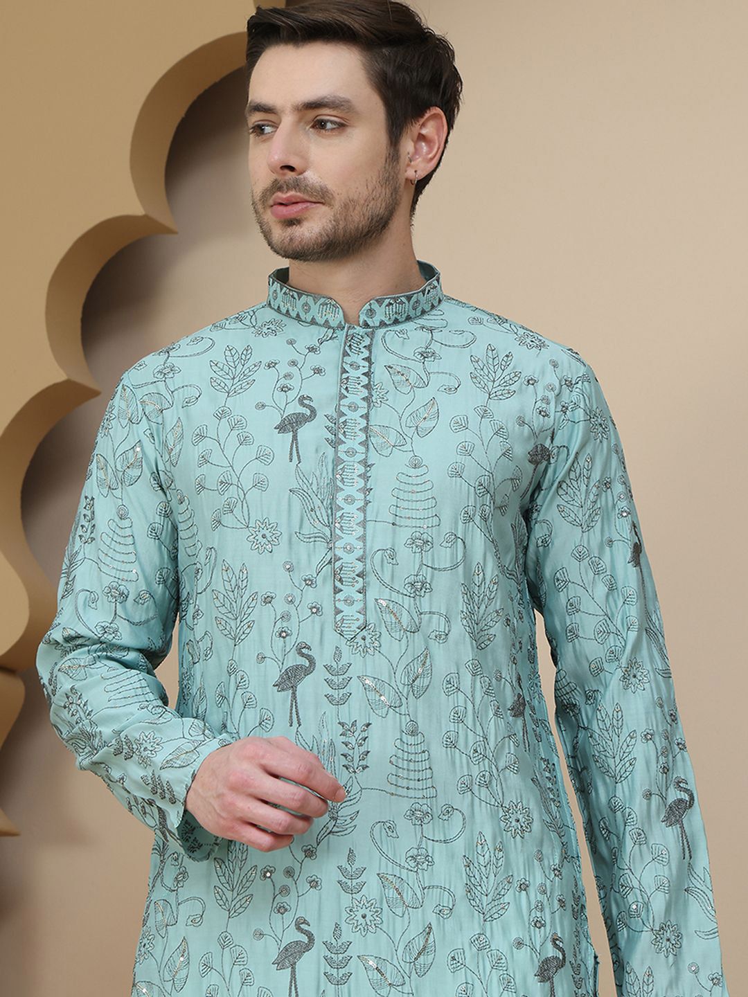 Jompers Floral Embroidered Sequinned Mandarin Collar Straight Kurta-picture-33