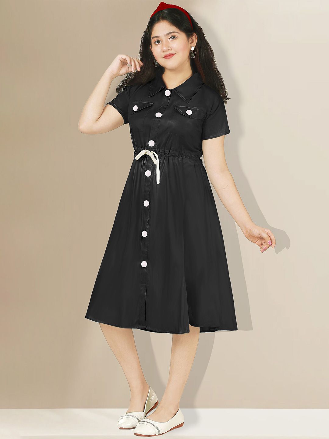 KAARIGARI Girls Solid Shirt Collar A-Line Dress-picture-12