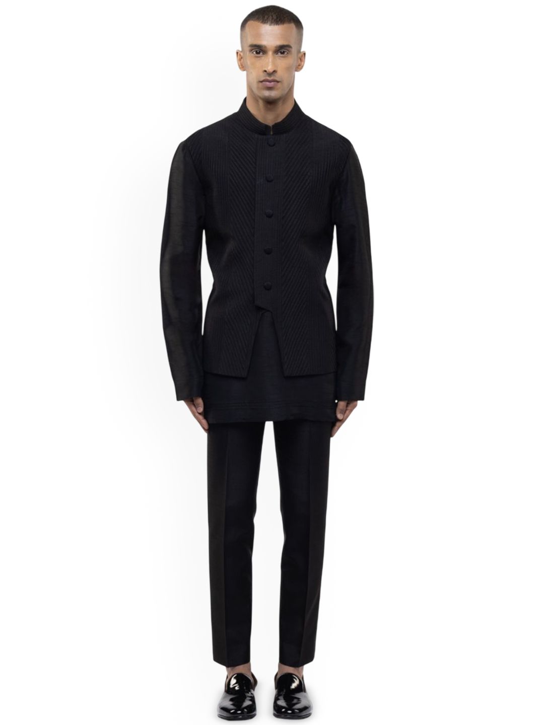 SDS By Kushal Shah Pleated Mandarin Collar Silk Straight Kurta With Trouser & Nehru Jacket-picture-16