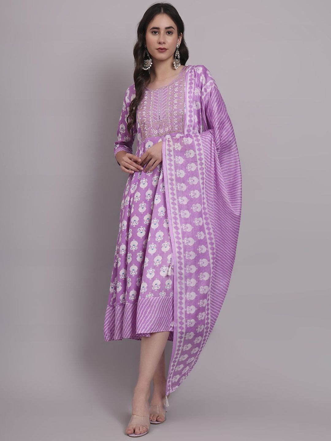 aayusika Embroidered Round Neck Fit & Flared Midi Ethnic Dress With Dupatta-picture-42