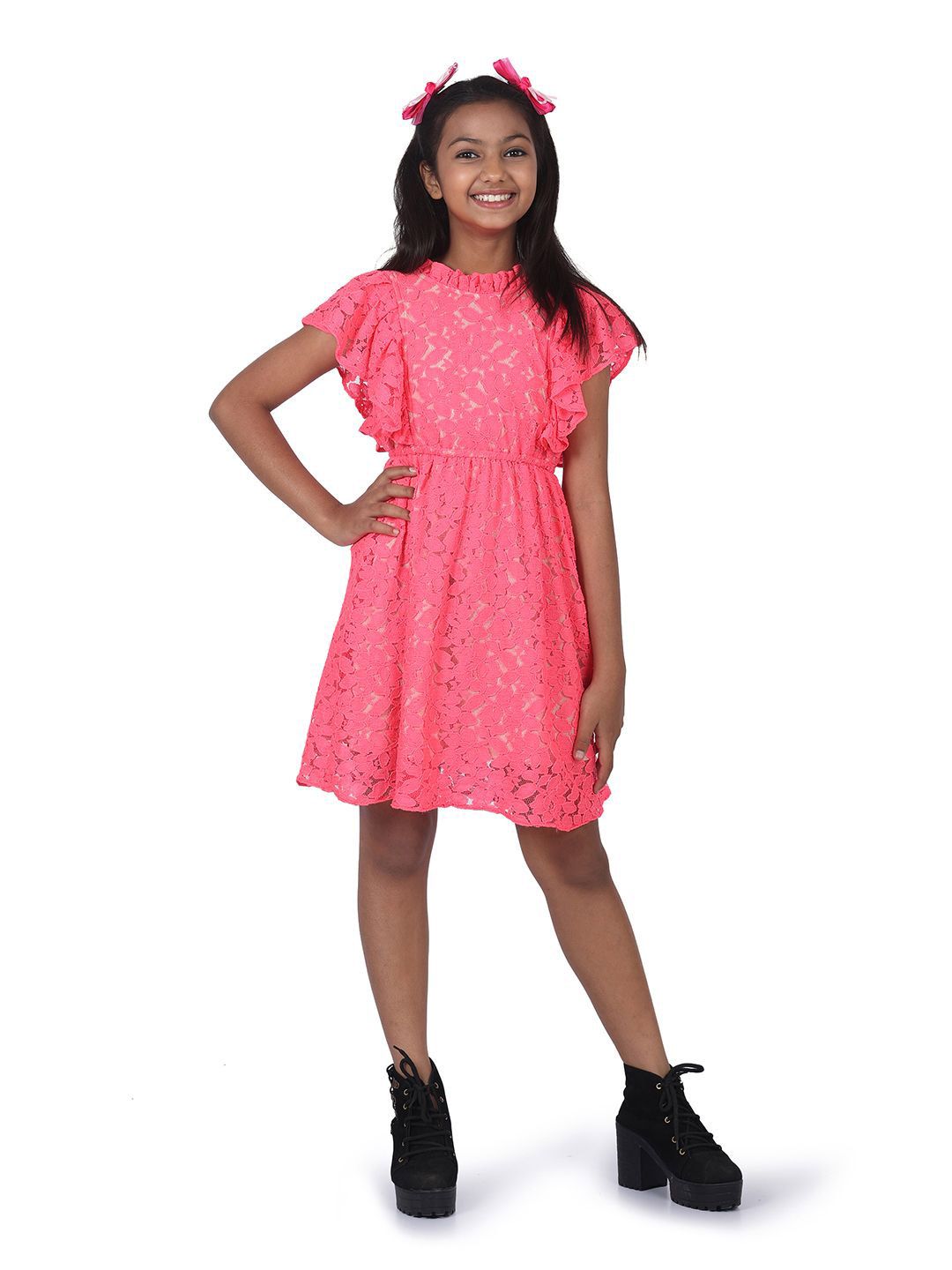 SILK SPARROW Girl Self Design Flutter Sleeves Fit & Flare Dress-picture-33