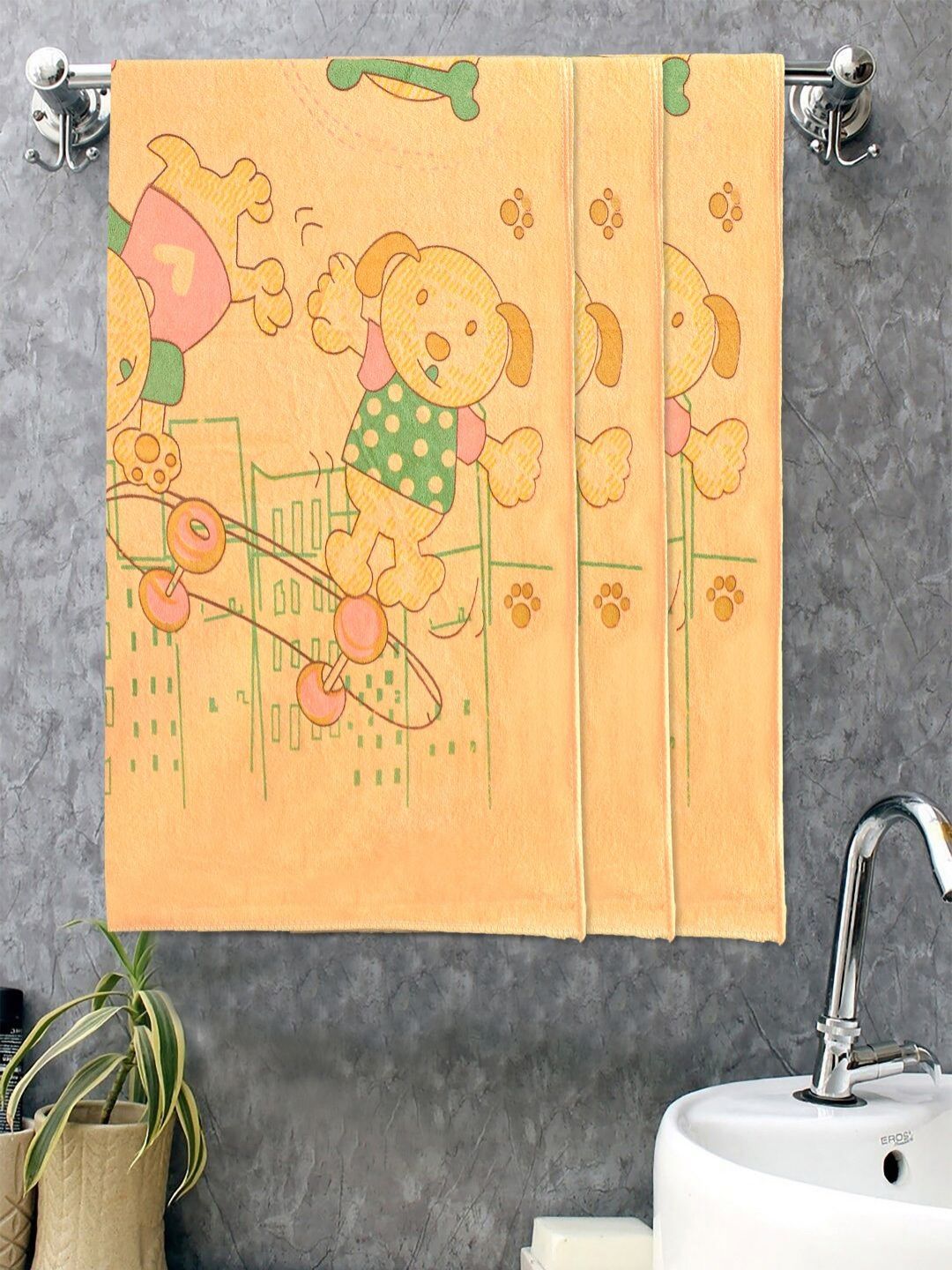 Myntra Elegant Homes Yellow & Orange 3 Pieces Printed Cotton 420 GSM Bath Towels-picture-37