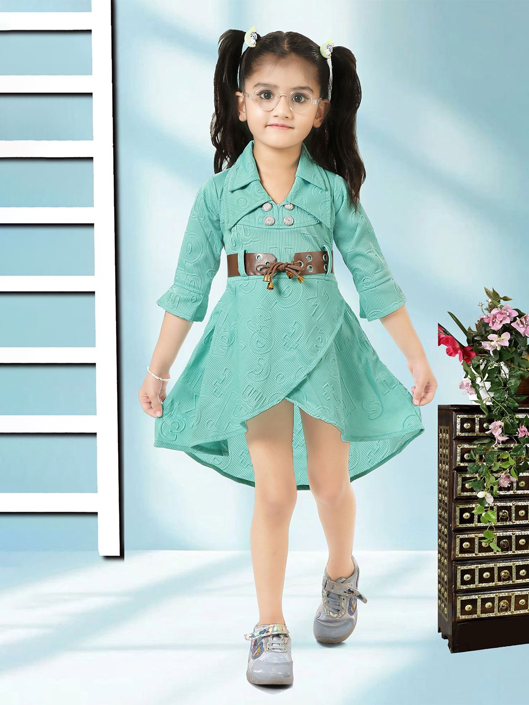 KAARIGARI Girls Alphanumeric Print Belted Fit & Flare Dress-picture-29