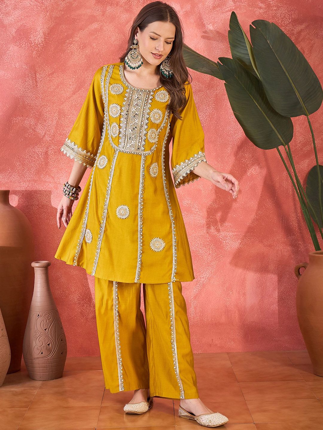 Sangria Women Floral Embroidered & Sequined A-Line Kurta With Palazzos & Bag-picture-28