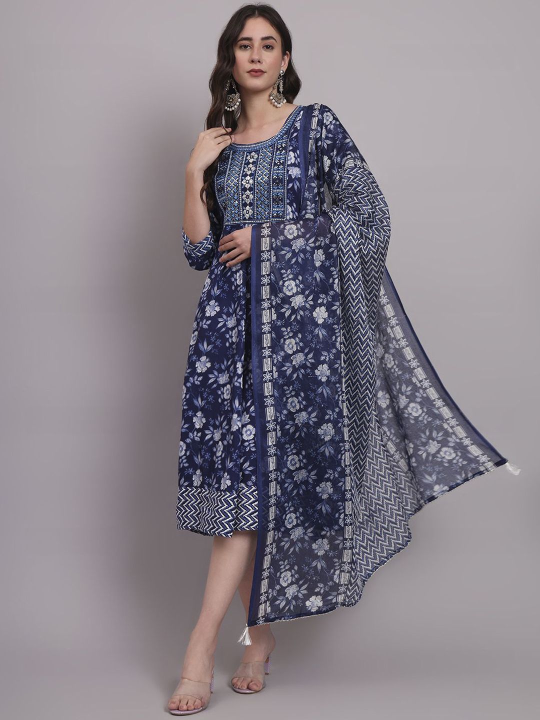 aayusika Floral Embroidered Fit & Flared Midi Dress With Dupatta-picture-10