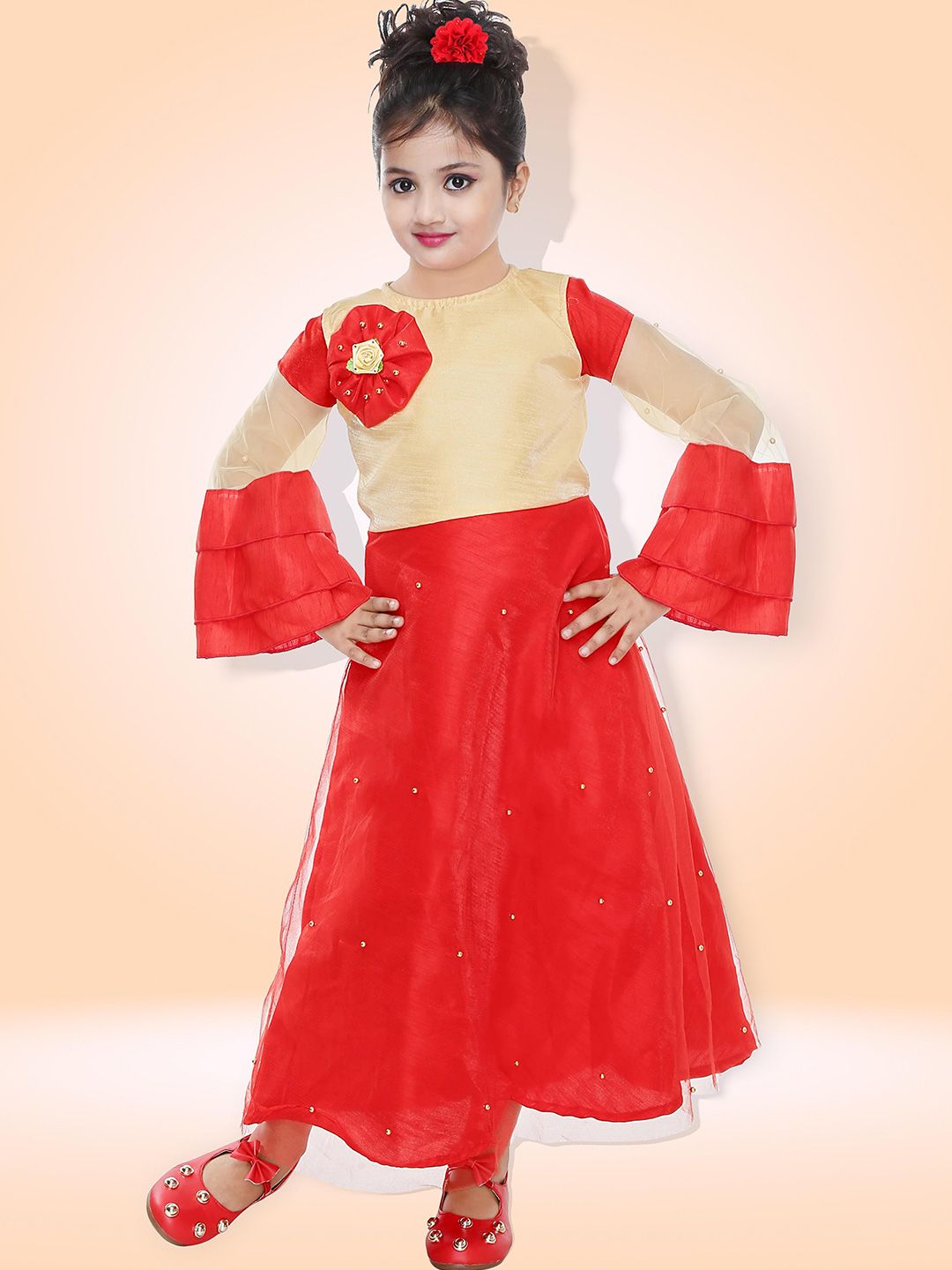 KAARIGARI Girls Solid Self Design Embellished Bell Sleeve A-Line Maxi Dress-picture-34