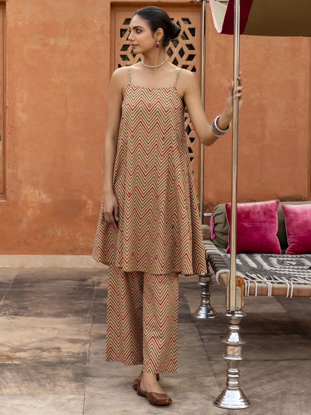 FIORRA Chevron Printed Regular Square Neck Sleeveless Pure Cotton Kurta With Palazzos-picture-25