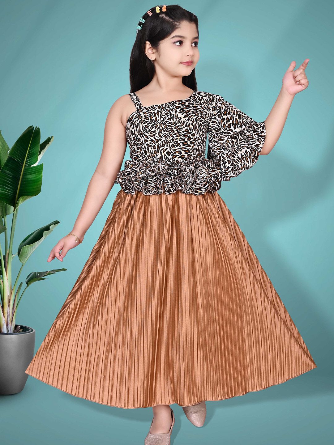 KAARIGARI Girls Animal Print Off-Shoulder Fit and Flare Maxi Dress-picture-36