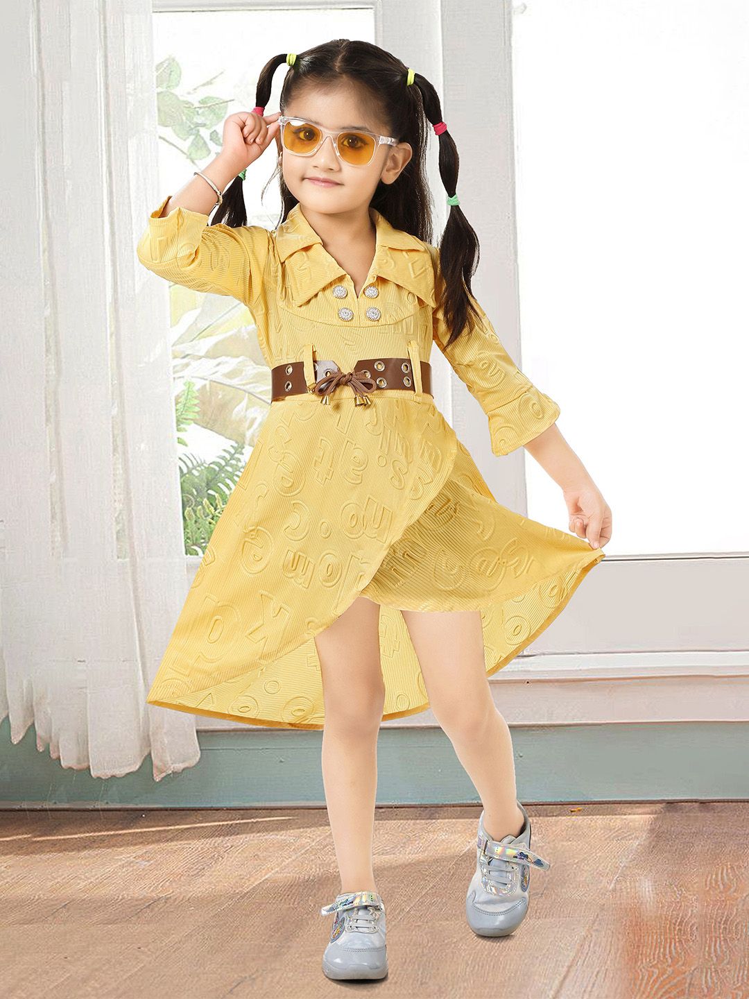 KAARIGARI Girls Alphanumeric Printed Belted Fit and Flare Above Knee Dresses-picture-30