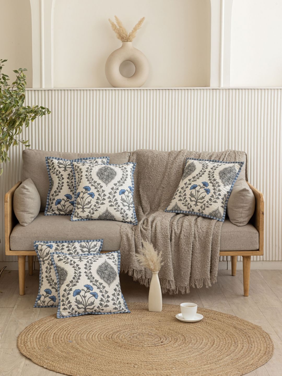 The Home Story White & Blue 5 Pieces Floral Printed Cotton Square Cushion Covers-picture-14