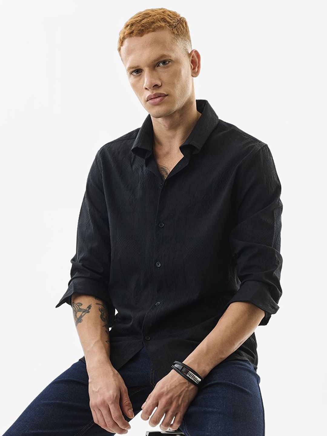 Snitch Men India Slim Fit Textured Spread Collar Casual Shirt-picture-34