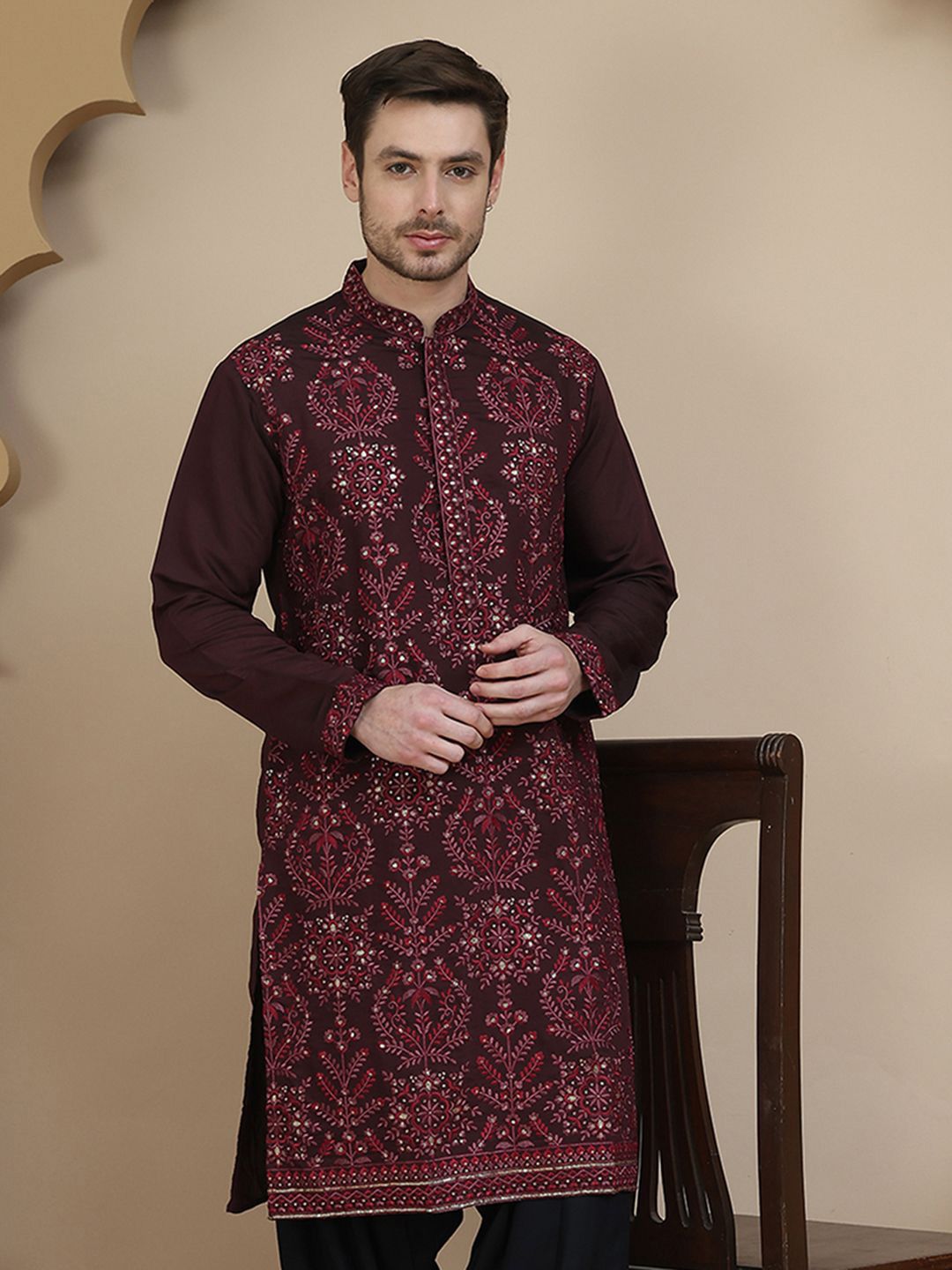 Jompers Floral Embroidered Sequinned Mandarin Collar Straight Kurta-picture-42