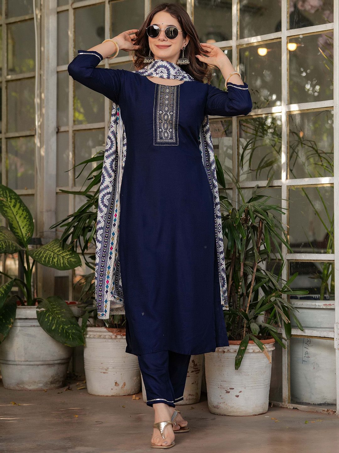 JAPNAAM Embroidered Sequinned Round Neck Straight Kurta with Trousers & Dupatta