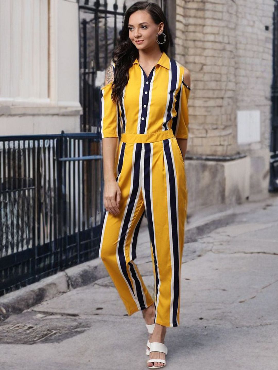 DressBerry Women Blue Striped Cold-Shoulder Basic Jumpsuit-picture-40