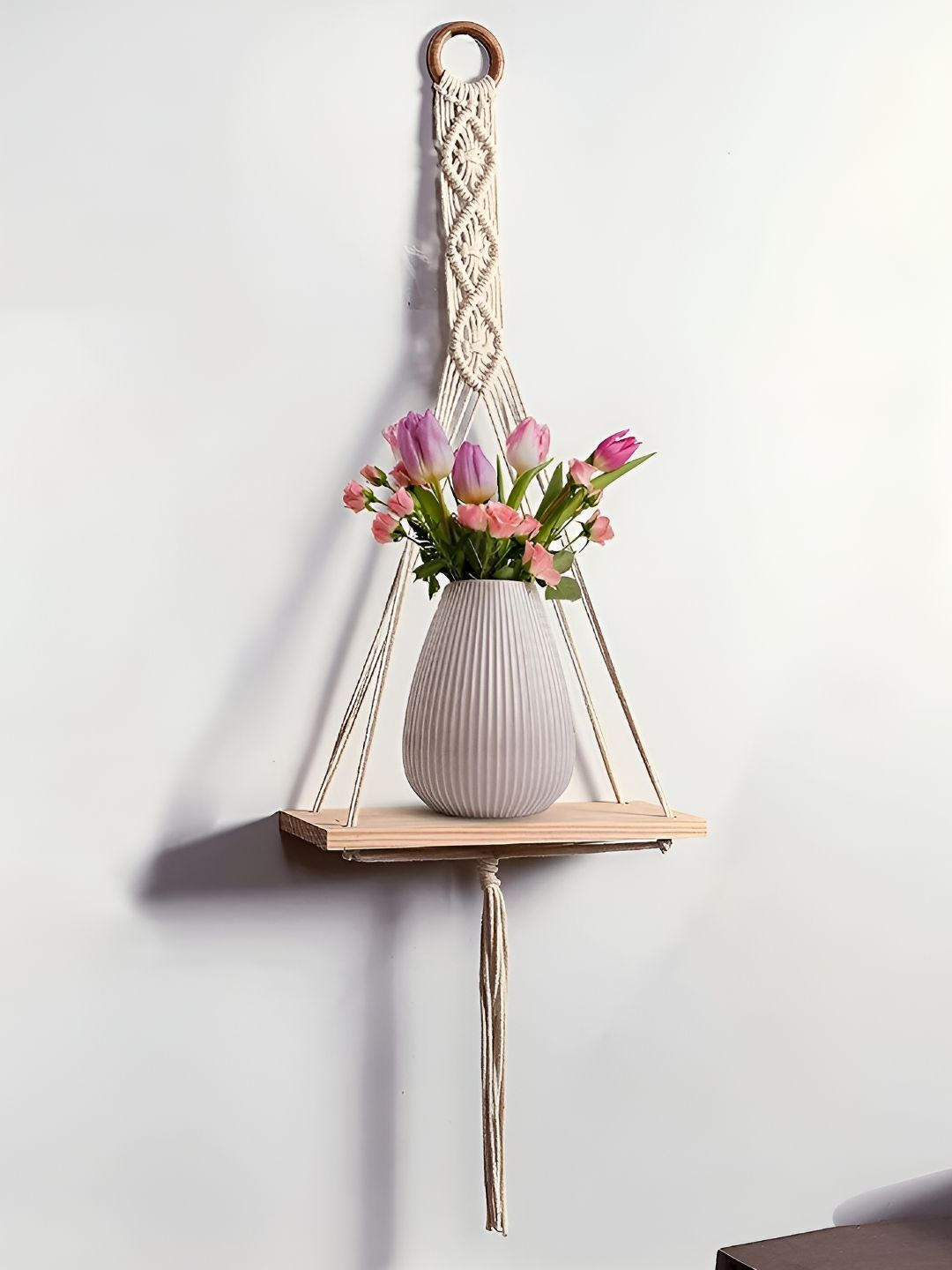 Decorcity White Wooden Macrame Hanging Shelf-image-33