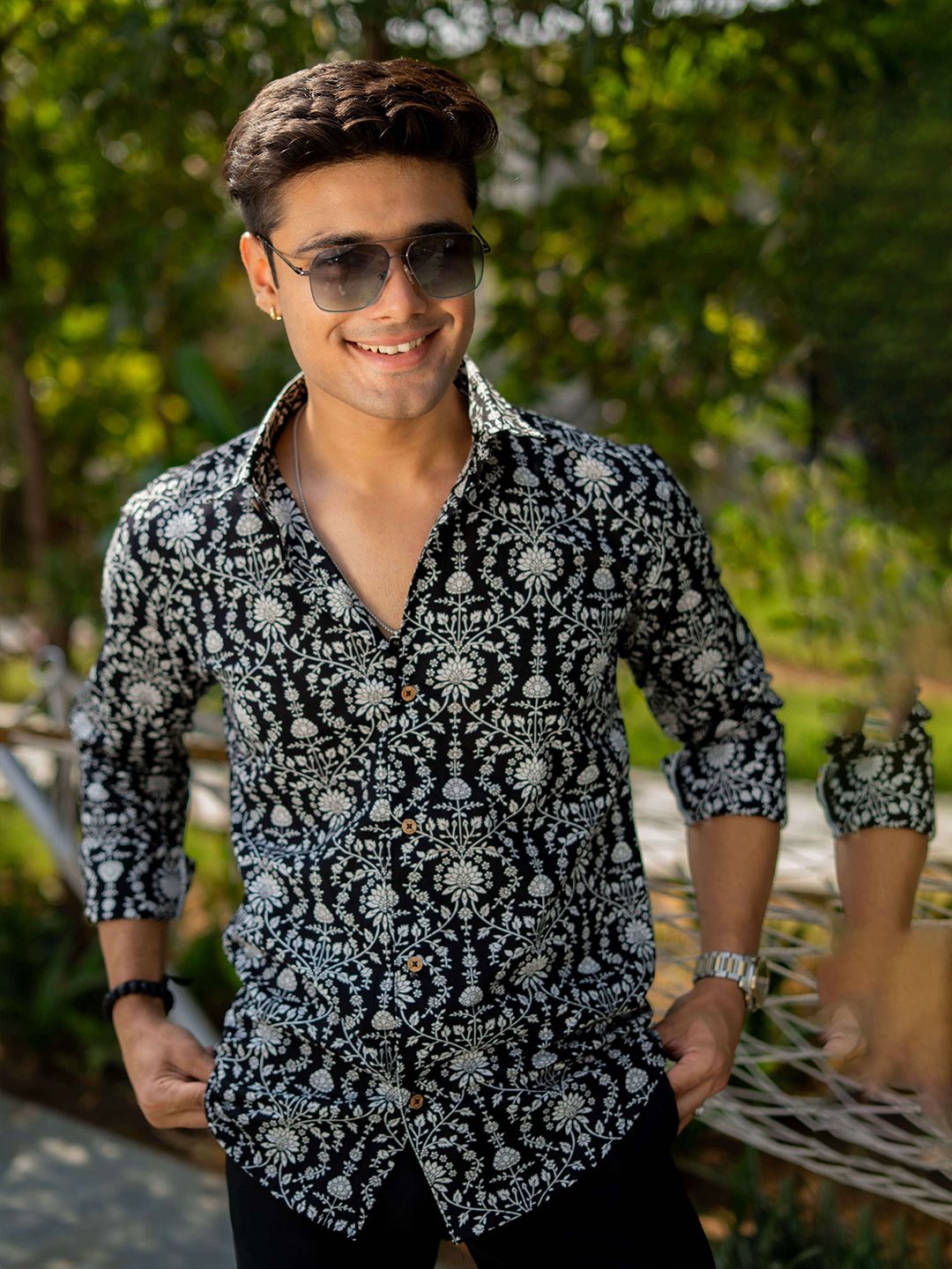 Shasak Men Classic Fit Floral Printed Spread Collar Cotton Casual Shirt-picture-13