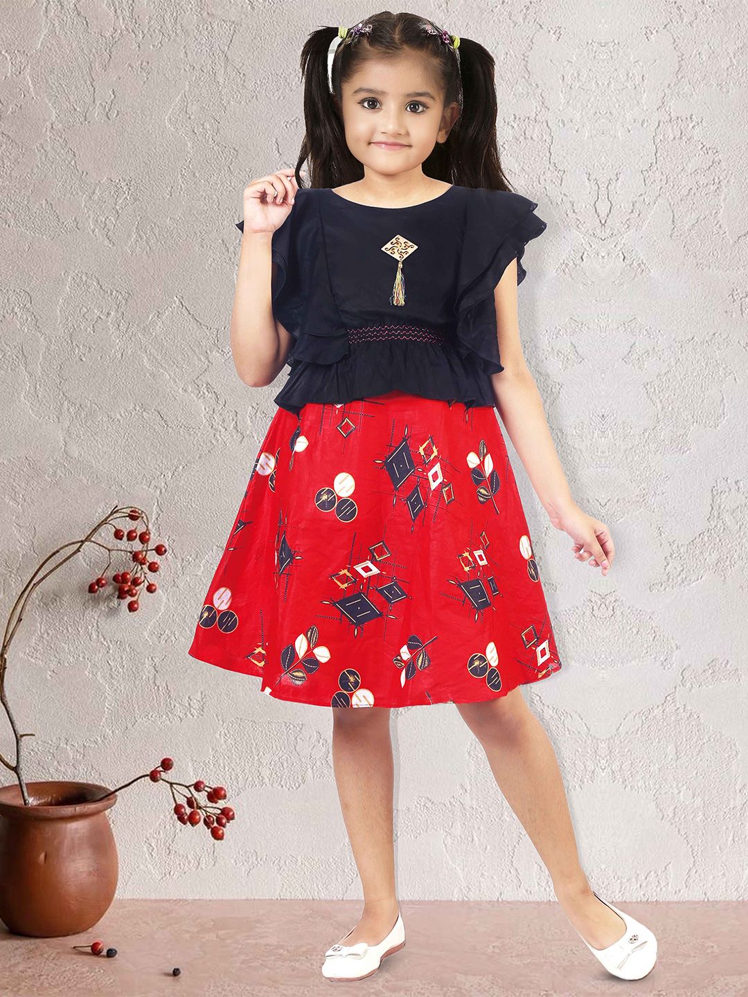 KAARIGARI Kids Girl Round Neck Floral Printed A-Line Dress-picture-30