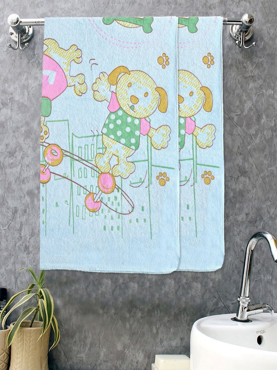 Myntra Elegant Homes Blue & Pink 2 Pieces Printed Cotton 420 GSM Bath Towels-picture-49