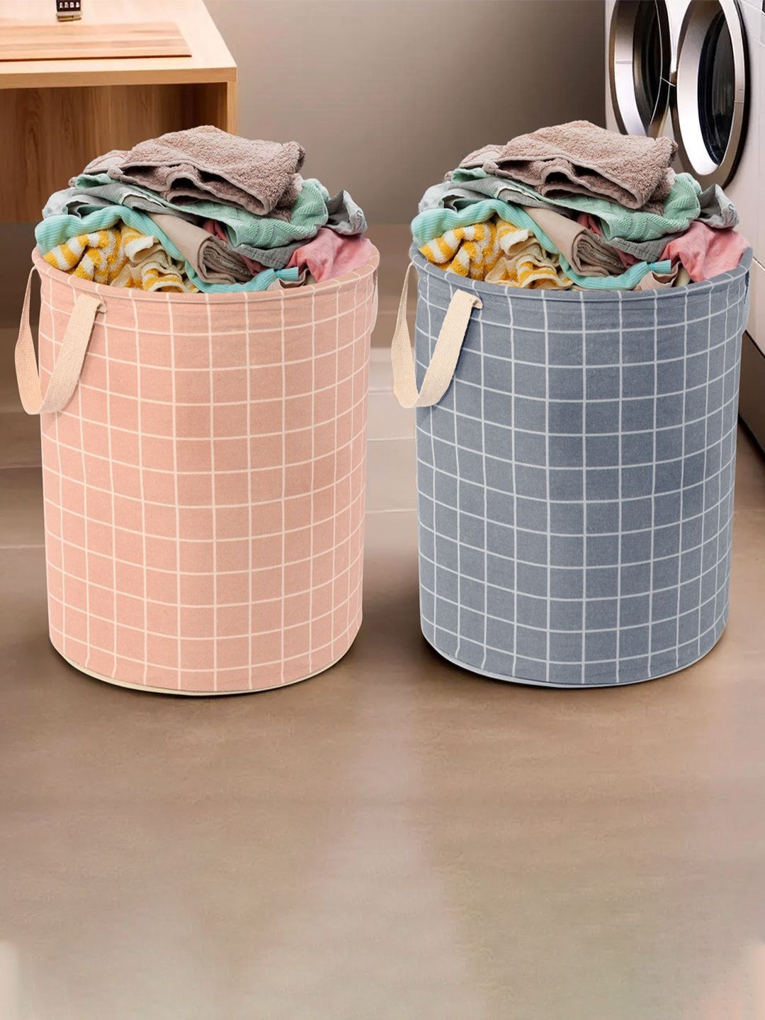 Myntra Elegant Homes 2Pcs Grey & Peach-Colored Checked Cotton Laundry Bags - 60 L Each-image-33