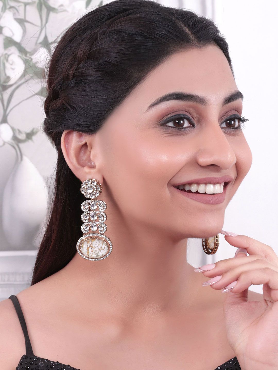 SHONA'S STYLE Brass-Plated Artificial Stones Studded Contemporary Drop Earrings-picture-39