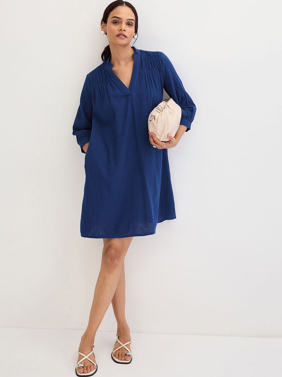 Chembarathi teal cotton A line dress main image 1