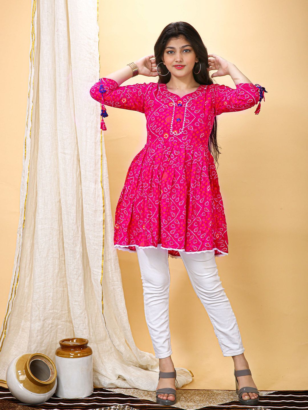 FULPARI Women Bandhani Printed V-Neck Anarkali Kurti-image-46