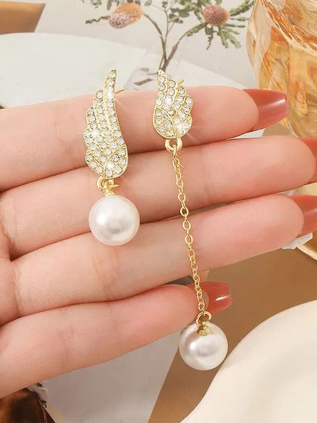 SZN Artificial Stones Studded And Beaded Contemporary Korean Drop Earrings-picture-16