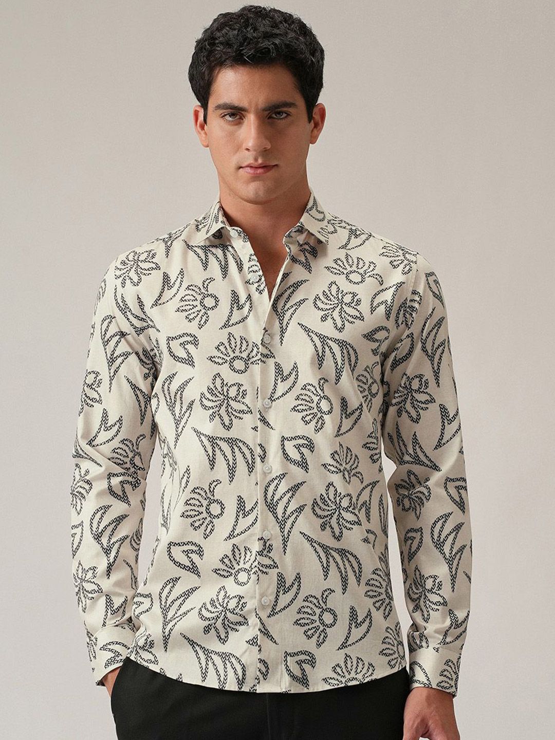 Banana Club Men Classic Off-White Floral Pattern Print Shirt-picture-15