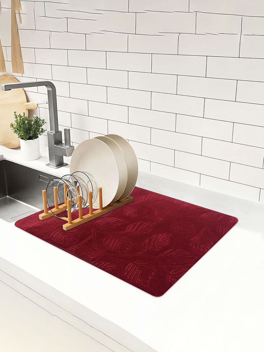 Myntra Elegant Homes Maroon Embossed Designed Non Slip Rectangular Dish Drying Kitchen Mat-image-28