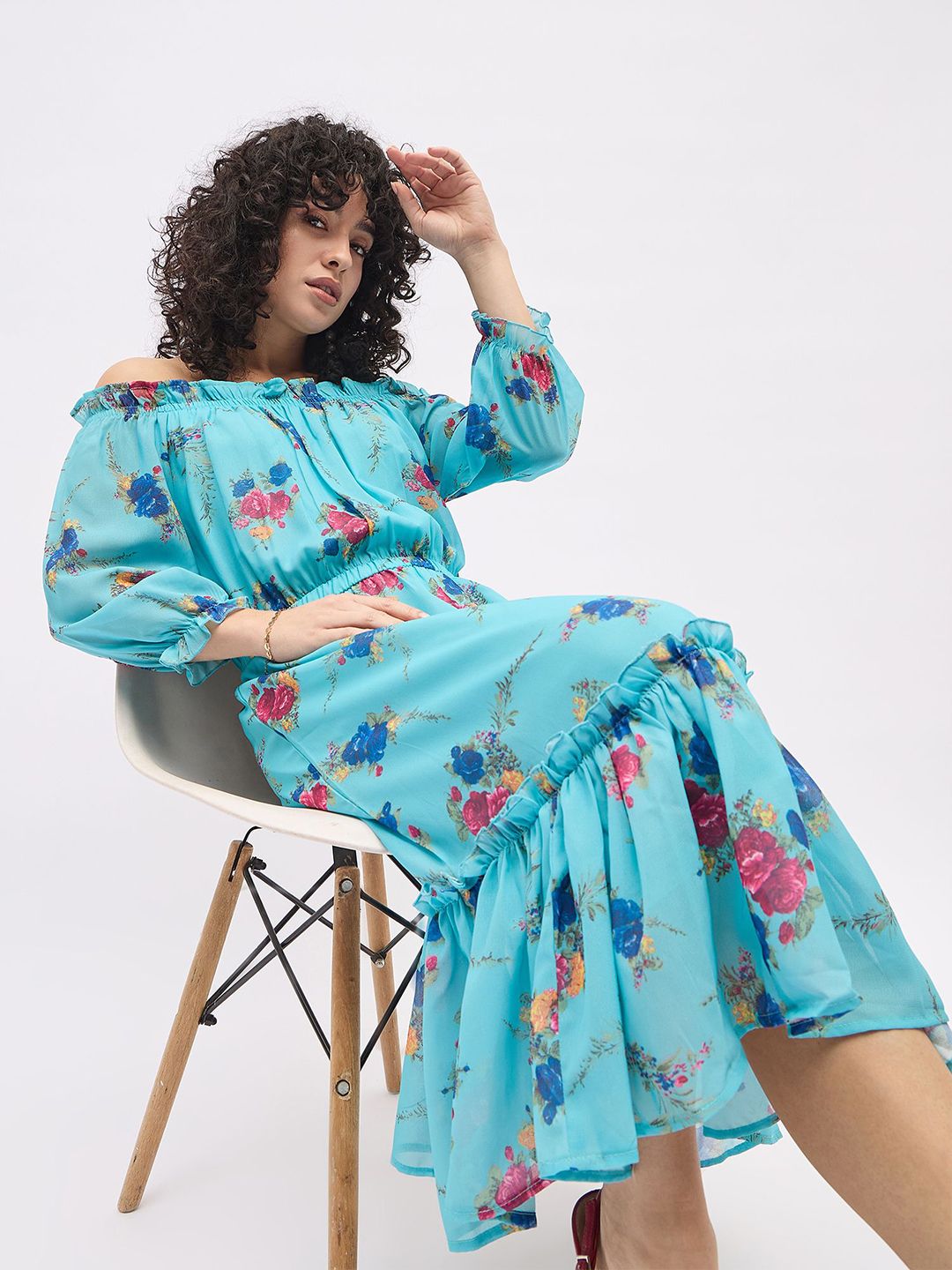 Deewa Women Floral Print Off-Shoulder Puff Sleeve Fit & Flare Midi Dress-picture-17