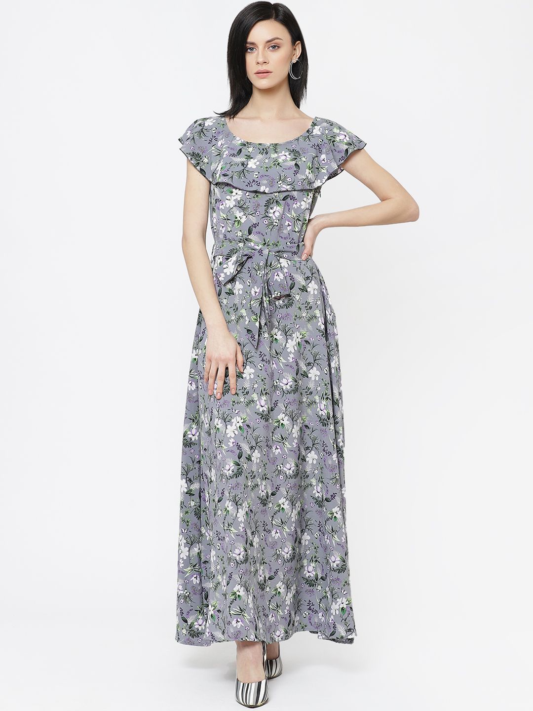 Deewa Floral Printed Cape Sleeve Crepe A-Line Maxi Dress-picture-31