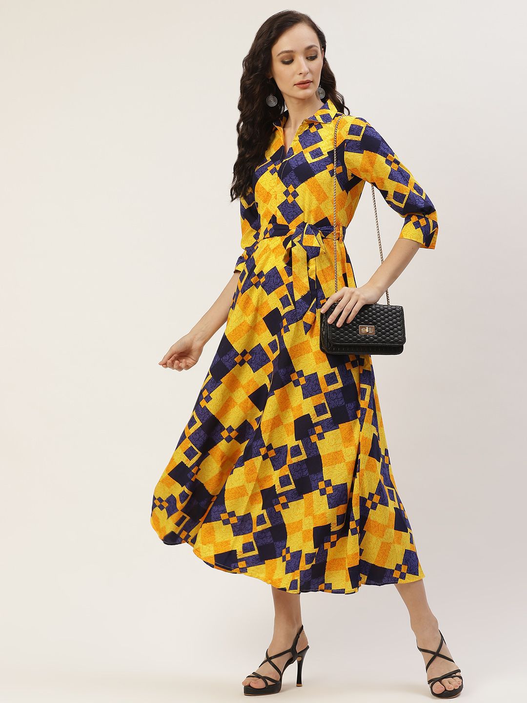 Deewa Women Abstract Print Belted A-Line Midi Dress-picture-29