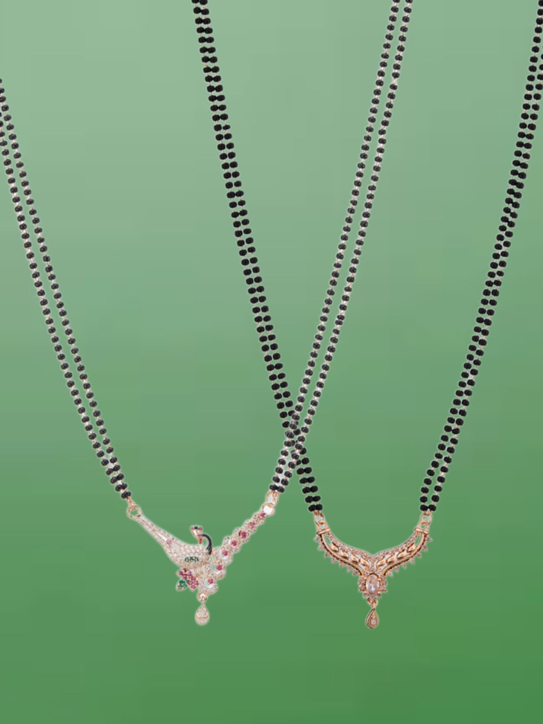 ATIBELLE  Set of 2 Rose Gold-Plated Artificial Stones Studded And Beaded Mangalsutra