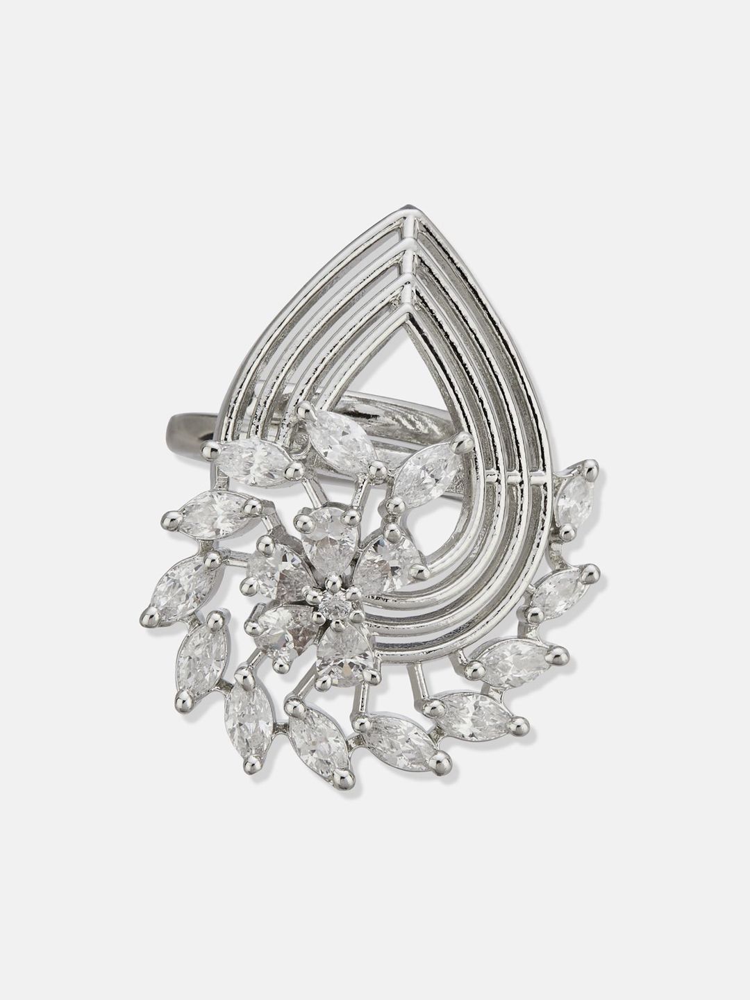 ATIBELLE Set Of 2 Silver-Plated Cubic Zirconia Stone Studded Adjustable Finger Ring
