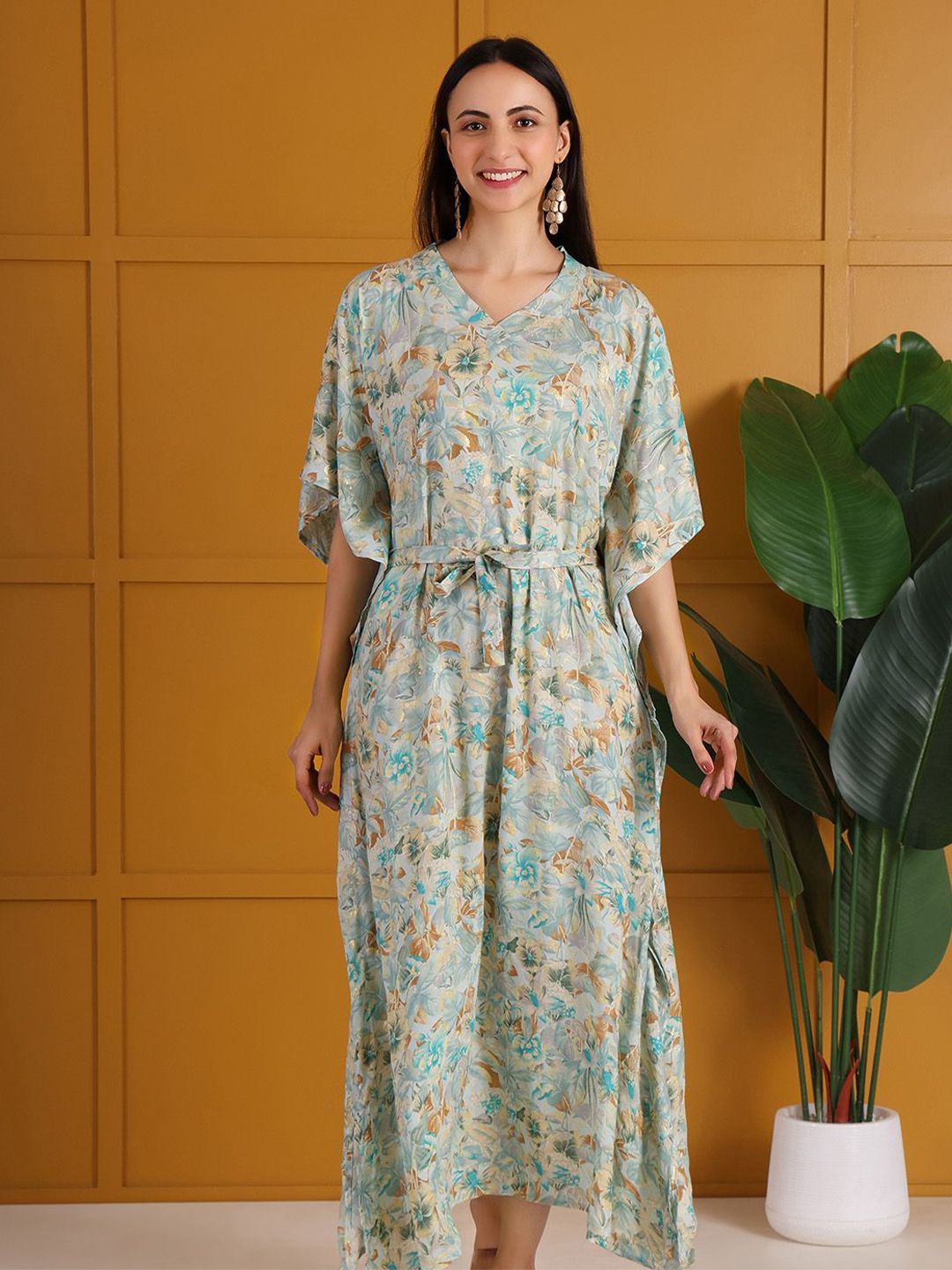 DARVI Floral Print Kimono Sleeve Kaftan Midi Dress-picture-15