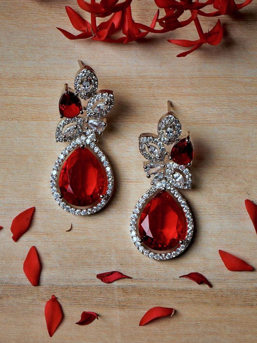 Gemron Jewel Rhodium-Plated Cubic Zirconia Studded Teardrop Shaped Drop Earrings-picture-33