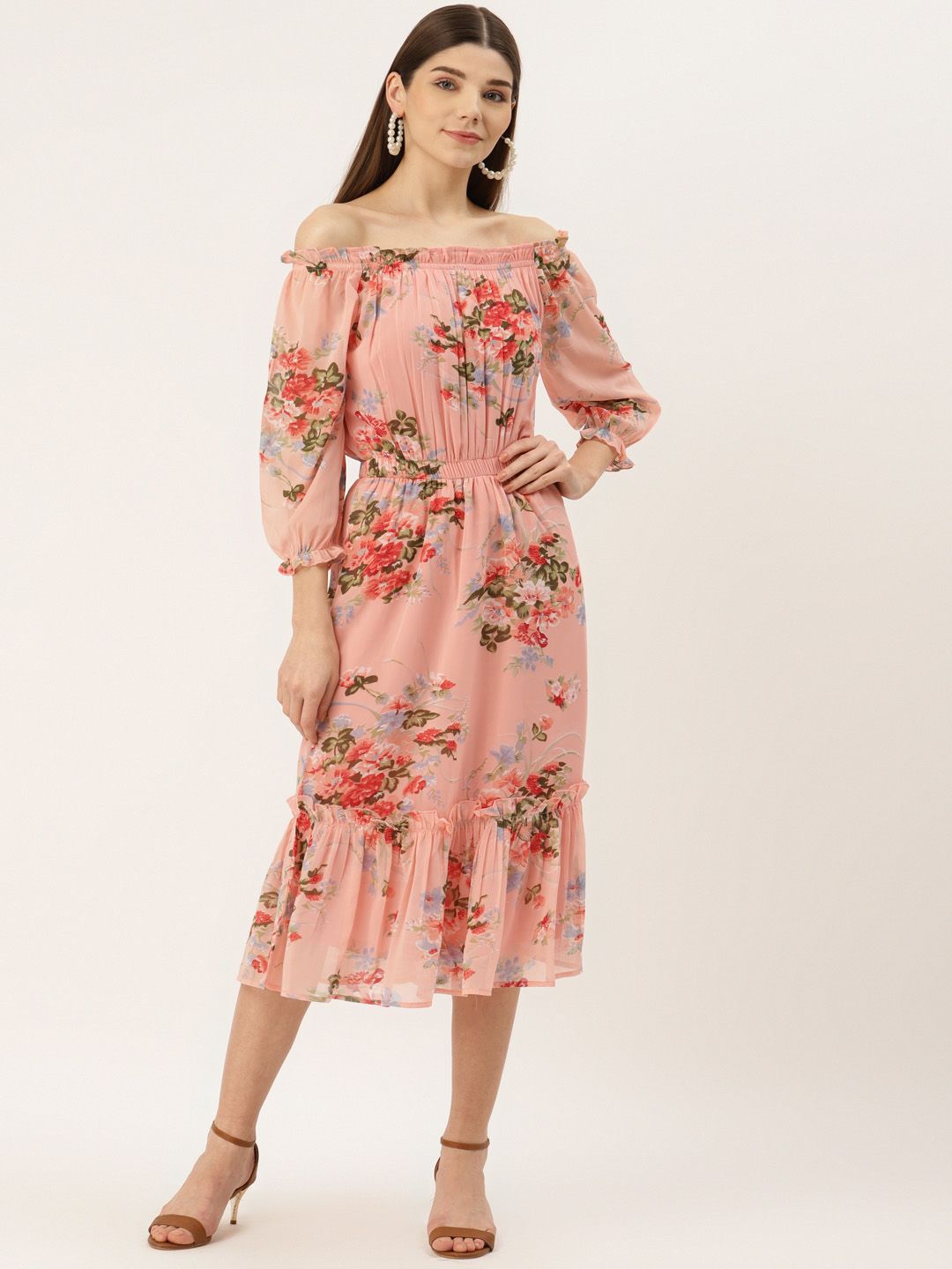 Deewa Women Floral Print Off-Shoulder Puff Sleeve Fit & Flare Midi Dress-picture-18