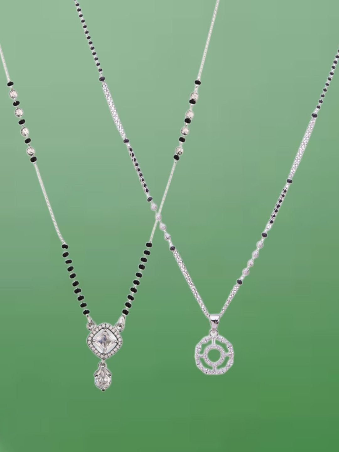 ATIBELLE  Set of 2 Silver-Plated Artificial Stones and Beads Mangalsutra