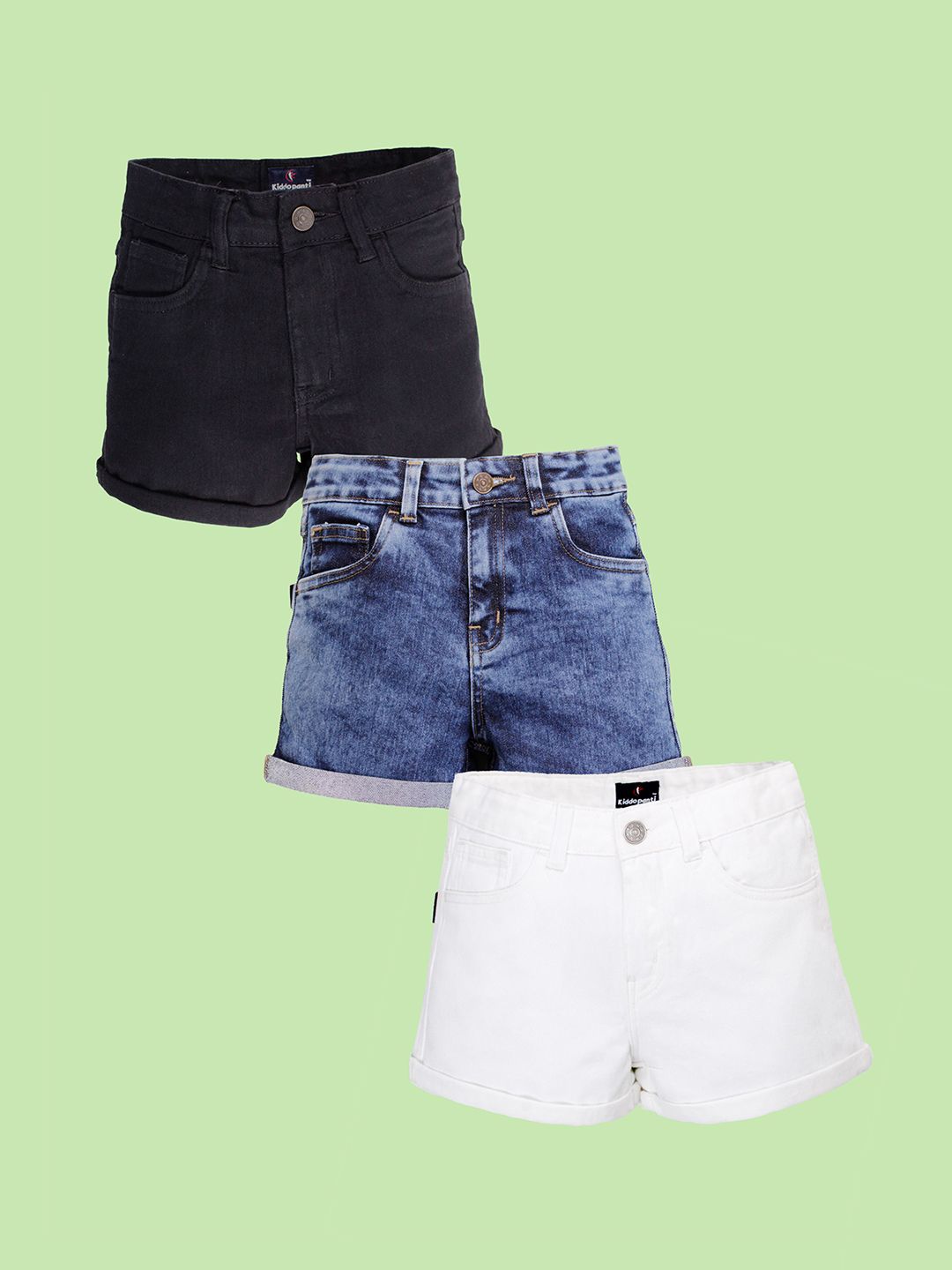 KiddoPanti Girls Pack of 3 Regular Fit Denim Shorts