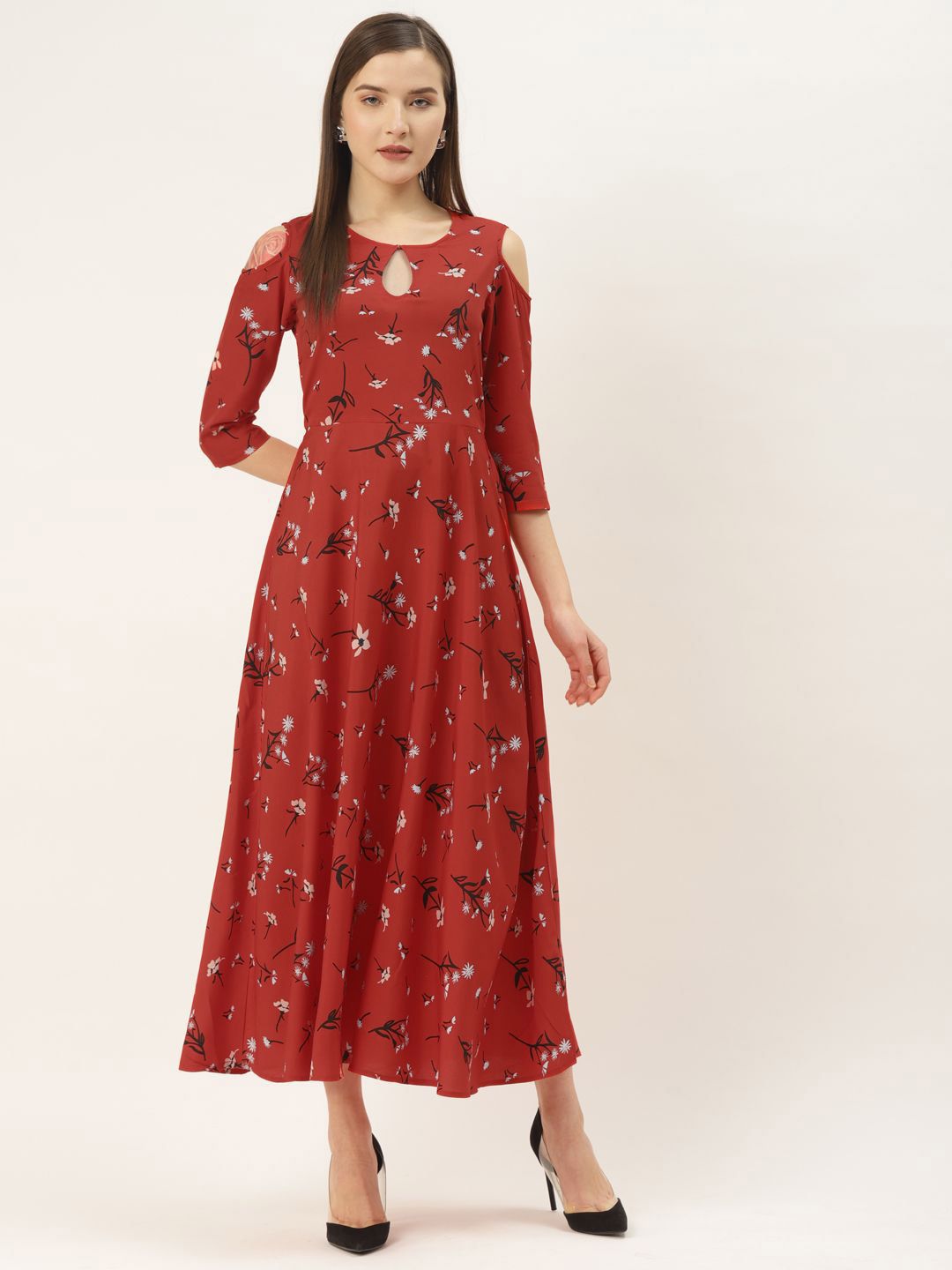 DressBerry Women Floral Print Keyhole Neck Cold-Shoulder Crepe A-Line Maxi Dress-picture-36