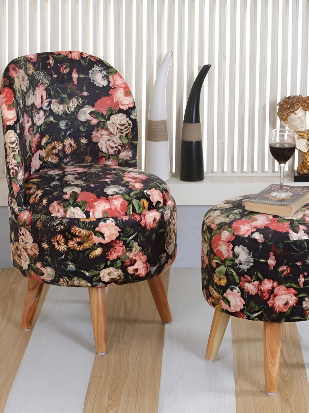 Shadowkart Set Of 2 Black & Red Floral Printed WoodenOttomans-picture-27