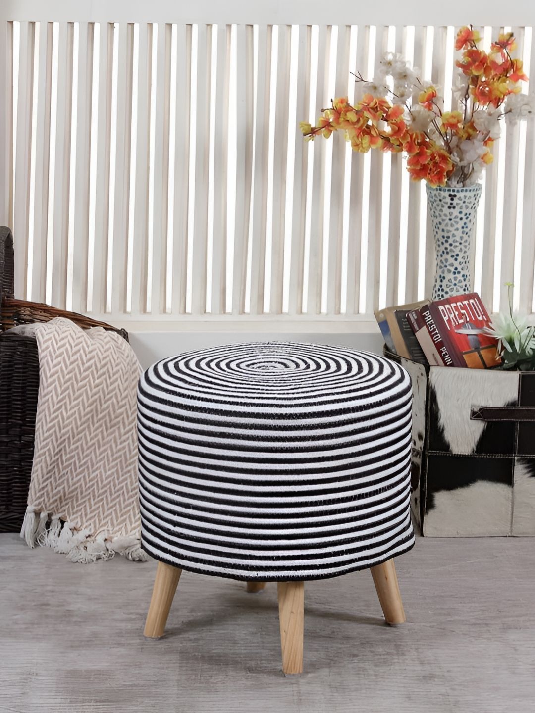 Shadowkart Black & White Wooden Mudda Pouffe Ottoman-image-3